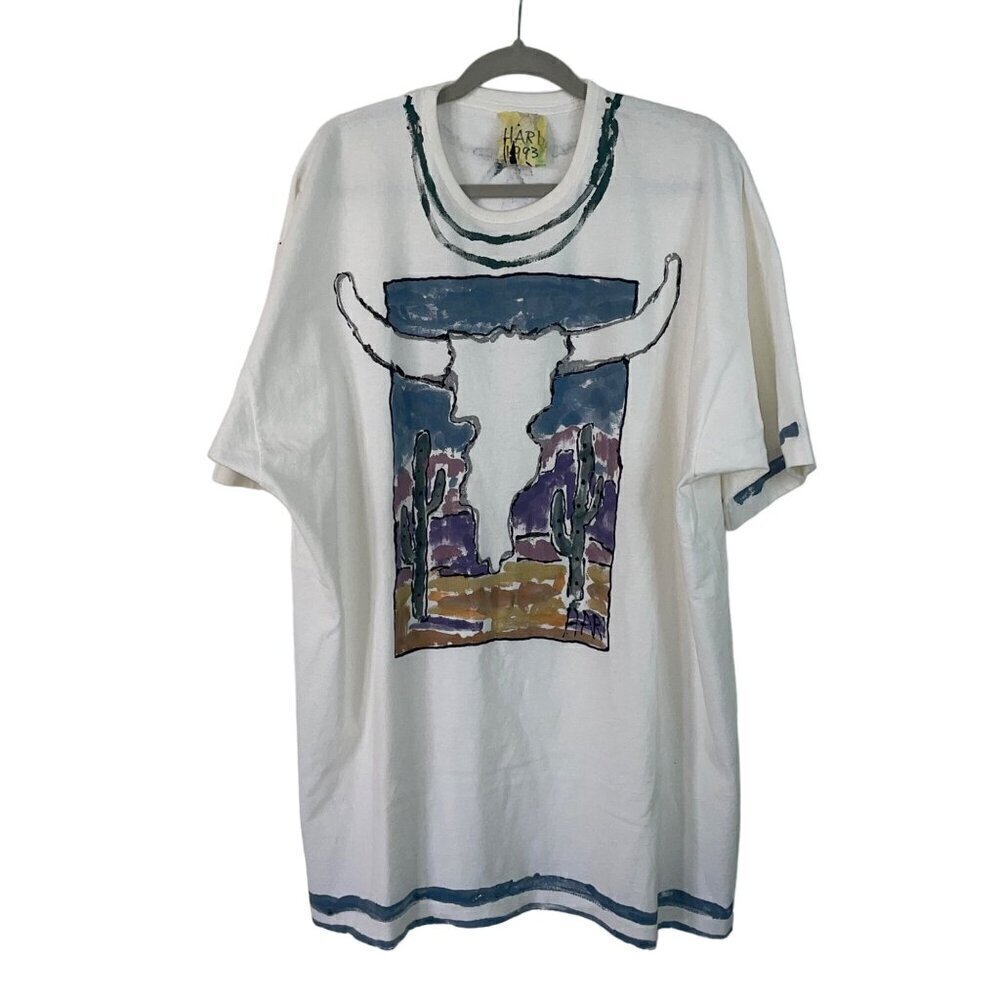 Hari 1993 Vintage Mens Tee Shirt Size XL White Hand Painted Southwest Theme